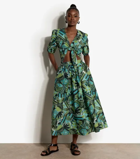 Women's Green Cotton Tropical Print Midi Skirt