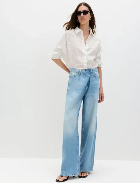 Marks & Spencer Cotton Rich Mid Rise Wrap Front Wide Leg Jeans Light Indigo