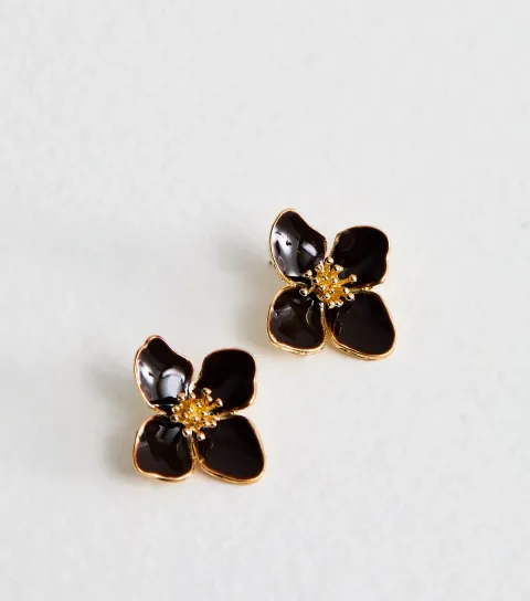 Gold Tone Dark Brown Enamel Flower Stud Earrings