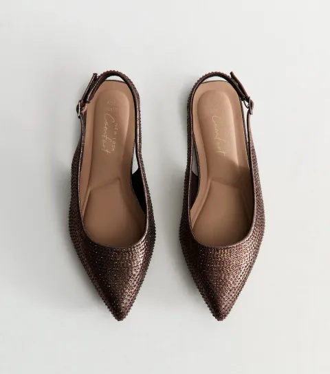 New Look Women's Wide Fit Bronze Embellished Slingback Flats Vegan