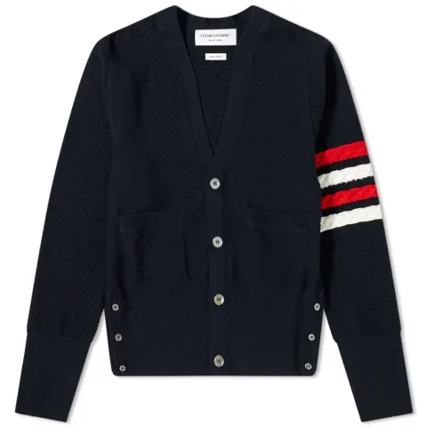 Diagonal Stitch Four Bar Stripe Merino Cardigan
