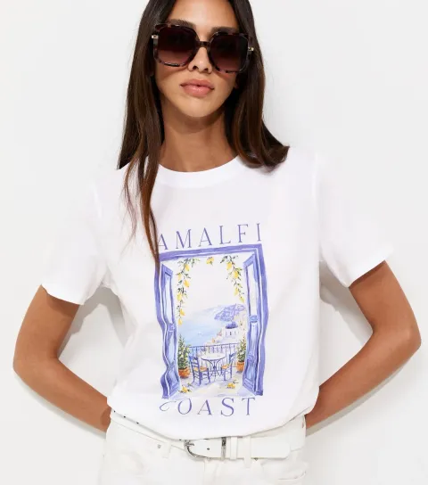 Women's White Cotton Amalfi Coast Print Relaxed Fit T-Shirt