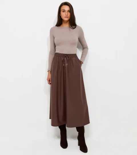 Women's Dark Brown Faux Leather Circle Midi Skirt