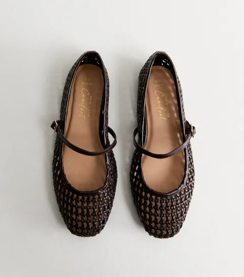 Women's Wide Fit Chocolate Faux Leather Woven Mary Jane Pumps Vegan