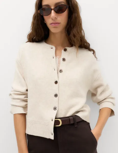 Marks & Spencer Crew Neck Cardigan With Wool Oatmeal
