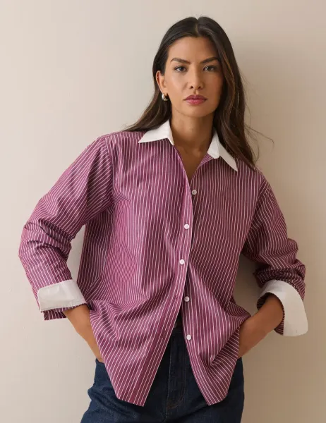 Nobody's Child Pure Cotton Striped Collared Shirt Red