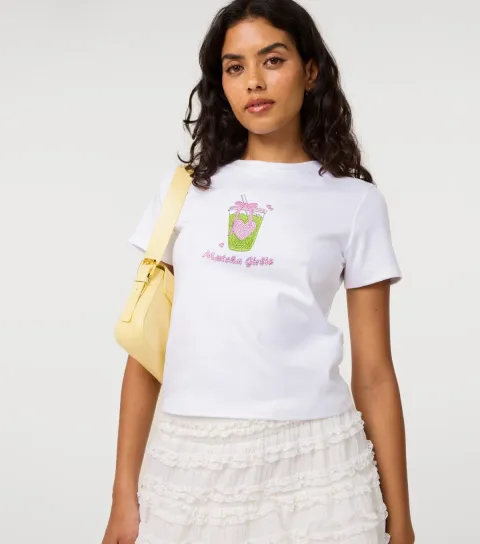 Women's White Matcha Girlie Diamanté T-Shirt