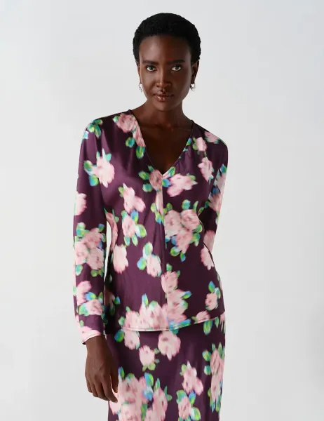 Ghost Satin Floral V Neck Batwing Sleeve Top Purple Mix