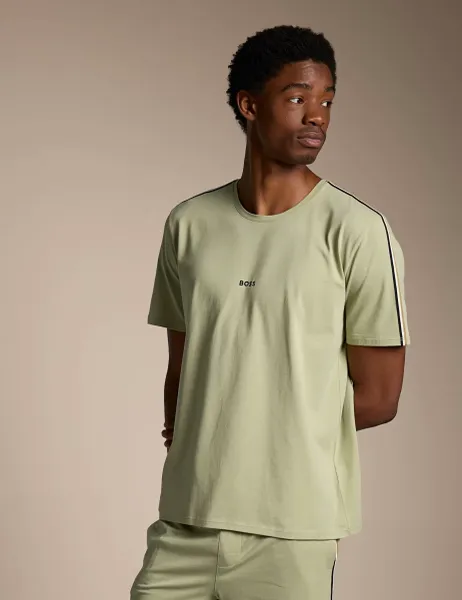 Boss Cotton Rich Signature Stripe Trim T-Shirt Light Green