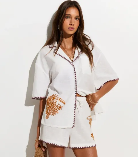 Women's White Cotton Contrast Trim Embroidered Parrot Shirt