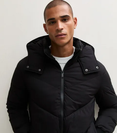 New Look Men's Black Hooded Funnel Neck Puffer Jacket