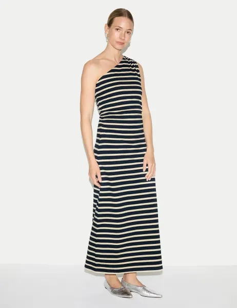 Jigsaw Pure Cotton One Shoulder Maxi Column Dress Navy Mix