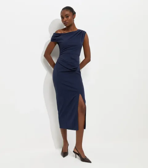 Women's Navy Fallen Shoulder Slit Detail Midi Dress