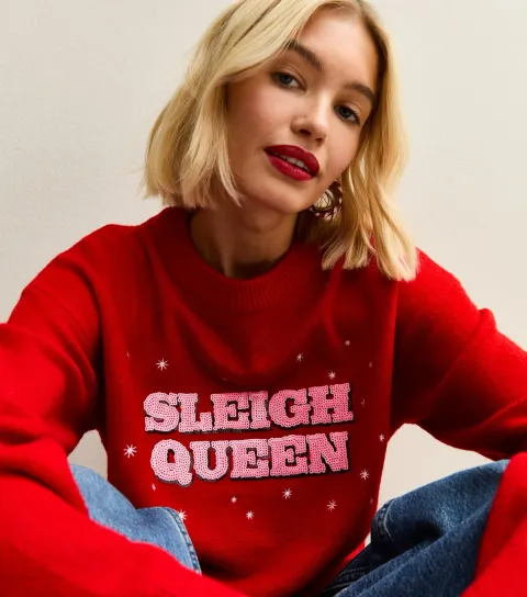 Women's Red Sequinned Sleigh Queen Christmas Jumper