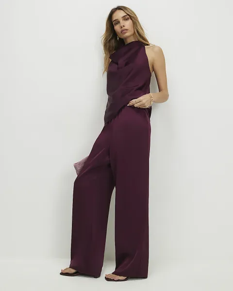 River Island Burgundy Satin Drawstring Wide Leg Trousers