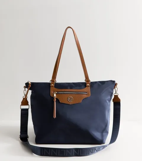 Navy Woven Logo Plaque Zipped Tote Bag