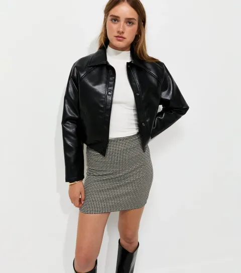Women's Black Dogstooth Jacquard Jersey Tube Mini Skirt