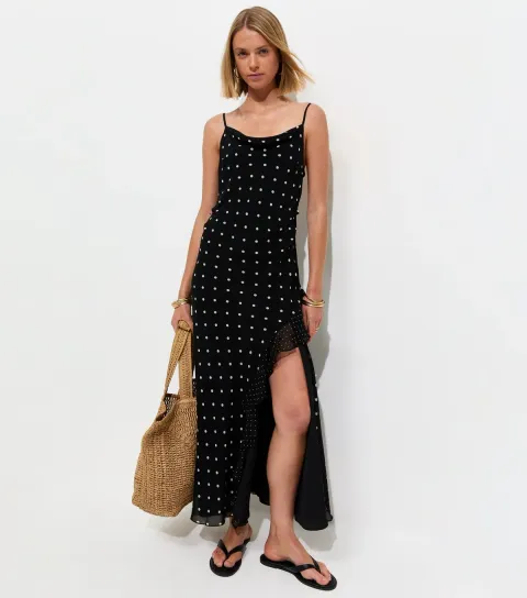 Women's Black Polka Dot Cowl Neck Midi Dress