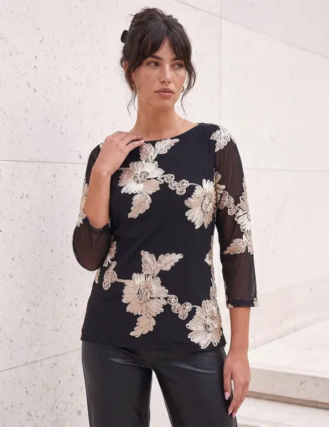Roman Textured Mesh Round Neck Long Sleeve Top Black