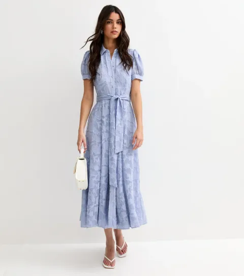 Women's Light Blue Brocade Puff Sleeve Shirt Dress