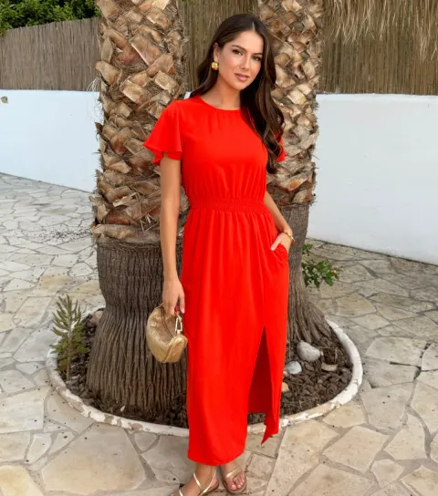 Women's Burnt Orange Flutter Sleeve Midi Dress