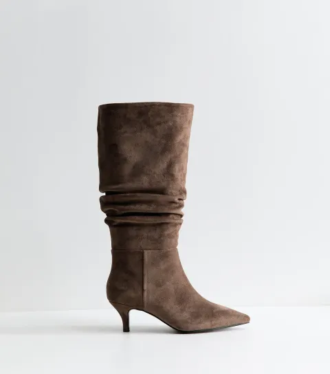 Women's Wide Fit Mink Faux Suede Ruched Pointed Knee Boots