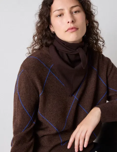 Whistles Pure Wool Contrast Diamond Knitted Top Brown Mix
