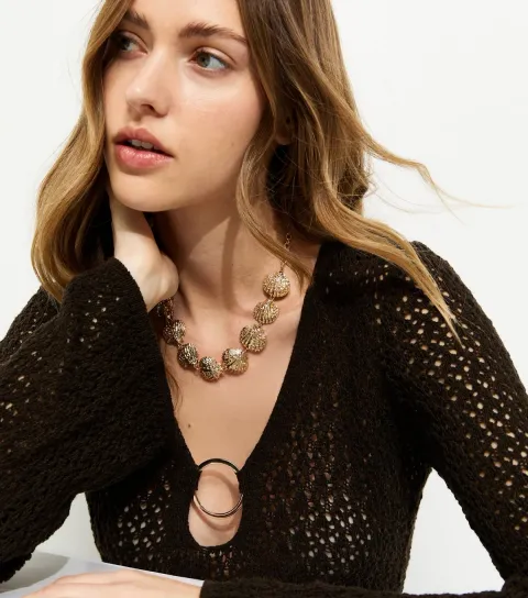 Gold Tone Shiny Beaten Shell Necklace