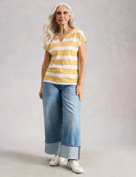 White Stuff Pure Cotton Striped T-Shirt Yellow Mix