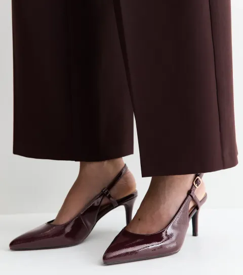 Women's Wide Fit Dark Burgundy Patent Faux Leather Slingback Pumps Vegan