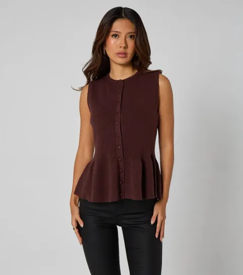 Women's Dark Brown Peplum Button Front Vest Top