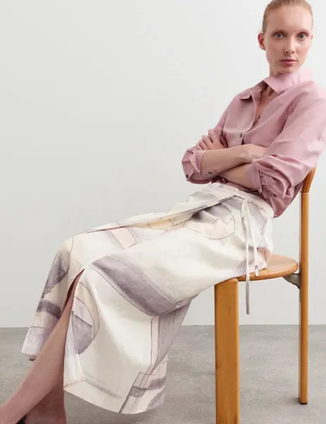 Jaeger Watercolour Abstract Midi Wrap Skirt Lilac Mix