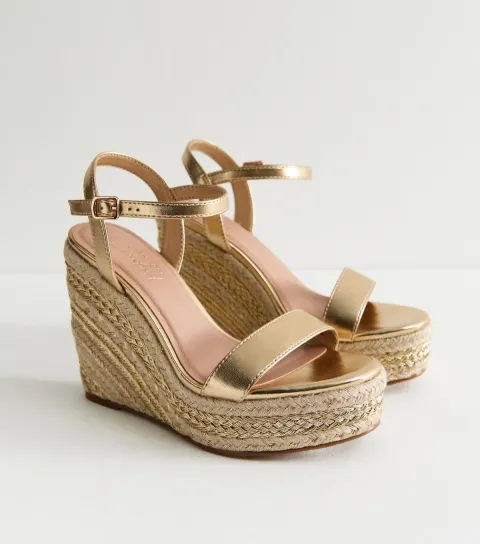 Women's Wide Fit Gold Faux Leather Platform Wedge Sandals Vegan