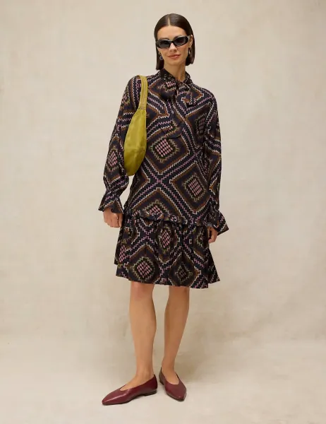 White Stuff Printed Tie Neck Midi Tea Dress Navy Mix