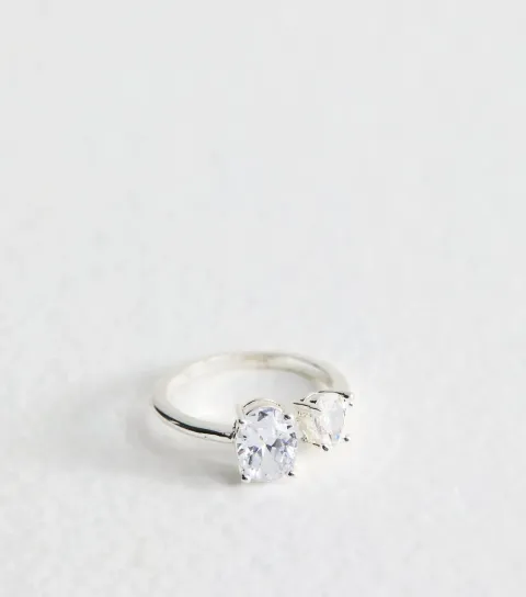 Silver Tone Cubic Zirconia Double Charm Ring