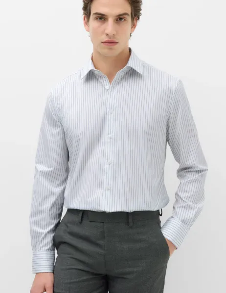 M&S SARTORIAL Slim Fit Pure Cotton Twill Striped Shirt White Mix