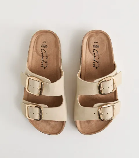 Women's Extra Wide Fit Off White Cork Sole Double Strap Mule Sandals Vegan
