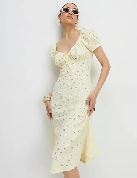 River Island Jersey Broderie Midi Waisted Dress Yellow