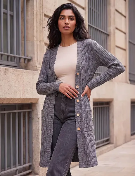 Roman Ribbed Cardigan Charcoal
