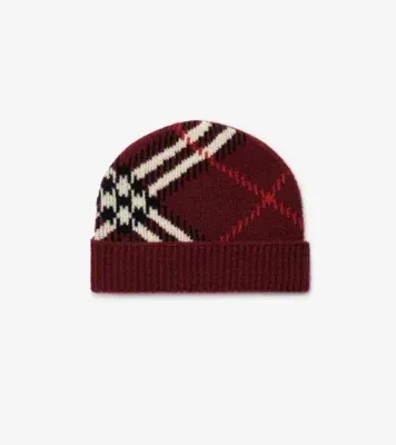 Check Cashmere Blend Beanie in Oxblood red
