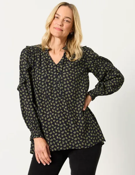 FatFace Ditsy Floral Tie Neck Frill Detail Blouse Navy Mix