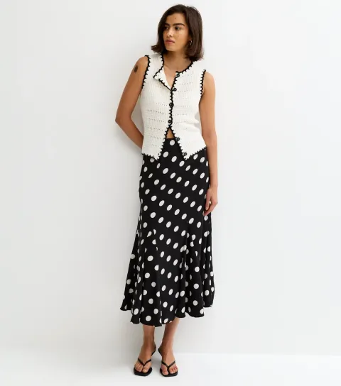 Women's Black Polka Dot Godet Midi Skirt