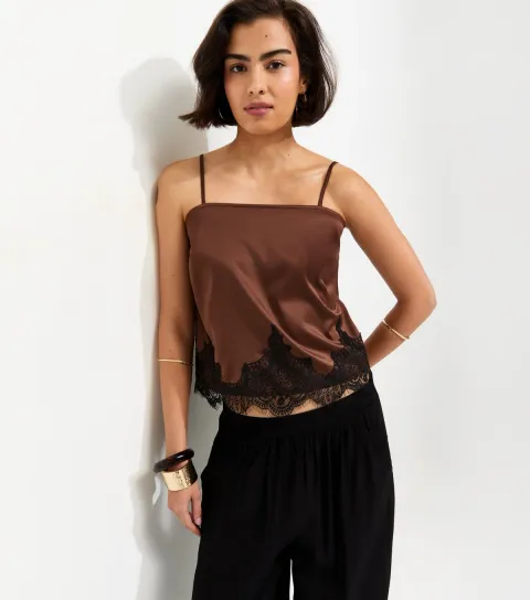 Women's Dark Brown Lace Short Cami Vest Top