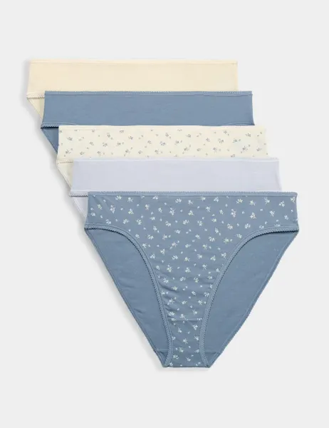 Marks & Spencer 5pk Pure Cotton High Leg Knickers Blue Mix