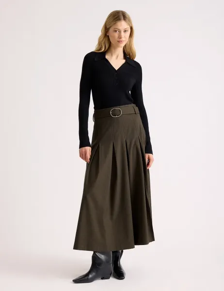 Albaray Checked Belted Midi Skirt Brown Mix