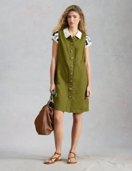 White Stuff Pure Linen Button Through Mini Shift Dress Green