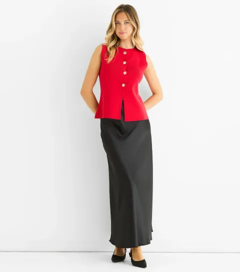 Women's Red Button Front Compact Knit Waistcoat