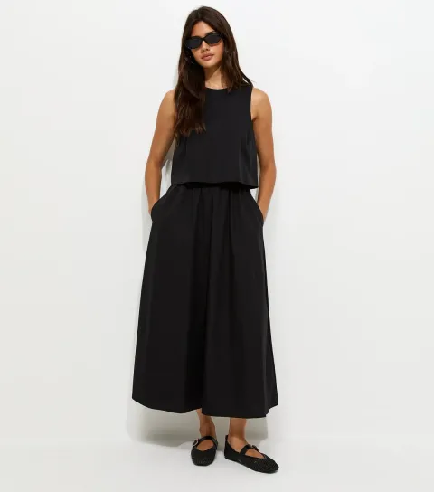 New Look Women's Dark Khaki Cotton Layered 2-in-1 Sleeveless Midi Dress