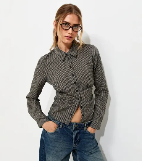 Women's Black Cotton Check Fitted Long Sleeve Shirt