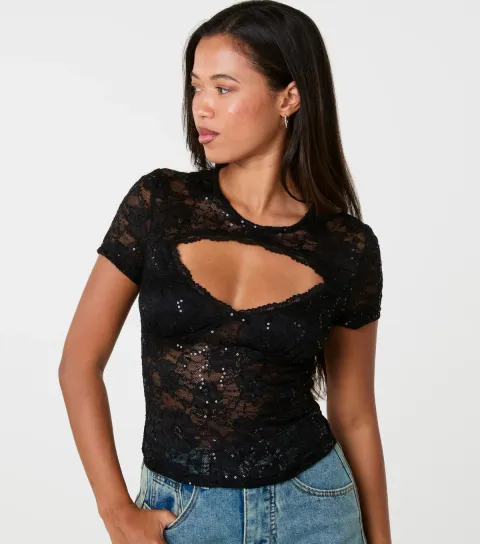 Pink Vanilla Women's Black Sequin Lace Cut Out T-Shirt
